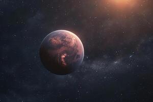 Space Exploration of Exoplanet orbiting distant star with its atmosphere glowing in ethereal colors with cosmic nature background photo