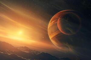 Space Exploration of Exoplanet orbiting distant star with its atmosphere glowing in ethereal colors with cosmic nature background photo