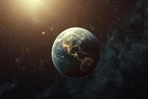 Space Exploration ofan exoplanet orbiting in the habitable zone of its star with potential for liquid water with cosmic nature background photo