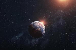 Space Exploration of one of the seven planets orbiting the ultracool dwarf star Trappist 1 with potential for liquid water with cosmic nature background photo