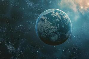 Space Exploration ofan exoplanet orbiting in the habitable zone of its star with potential for liquid water with cosmic nature background photo