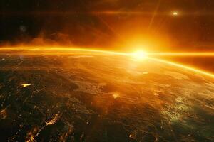 Space Exploration of Exoplanet orbiting distant star with its atmosphere glowing in ethereal colors with cosmic nature background photo