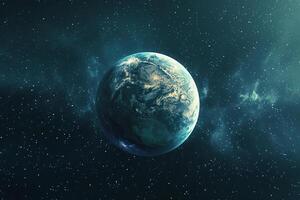 Space Exploration ofan exoplanet orbiting in the habitable zone of its star with potential for liquid water with cosmic nature background photo