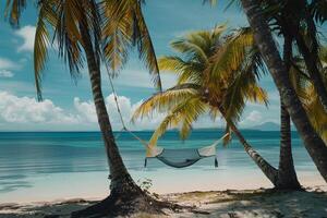 Beach with palm trees and hammock tied between two trees overlooking turquoise waters nature background photo