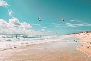 Sandy beach with kite surfers riding waves under clear blue sky nature background photo