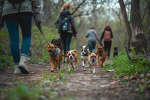 Hopeful group of diverse volunteers walking shelter dogs along a nature trail the dogs tails wagging with anticipation nature background photo