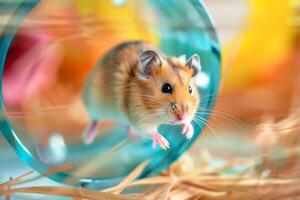 Animal Rescue Hopeful rescued hamster running on wheel in its enclosure tiny paws red with motion as it exercises with determination nature background photo
