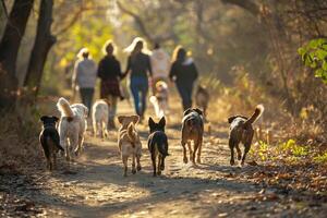 Hopeful group of diverse volunteers walking shelter dogs along a nature trail the dogs tails wagging with anticipation nature background photo