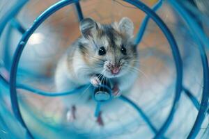 Hopeful rescued hamster running on wheel in its enclosure tiny paws red with motion as it exercises with determination nature background photo