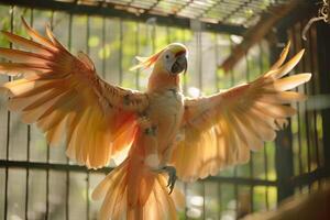 Animal Rescue Hopeful rescued bird spreading its wings in flight aviary feathers catching the sunlight in breathtaking display of freedom nature background photo