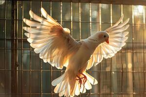 Animal Rescue Hopeful rescued bird spreading its wings in flight aviary feathers catching the sunlight in breathtaking display of freedom nature background photo