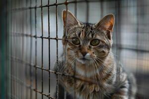 Animal Rescue Resilient cat exploring new outdoor enclosure at shelter cautiously sniffing the fresh air before bounding playfully across platforms nature background photo