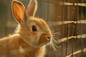Rescued Rabbit Background Exploring New Tunnel System in Its Enclosure Ears Alert and Whiskers Twitching with Curiosity photo