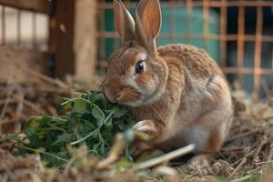 Rescued Rabbit nature background Munching on Fresh Greens in Quiet Corner of Its Enclosure Ears Perked in Alertness photo
