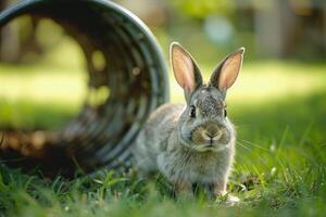 Rescued Rabbit Background Exploring New Tunnel System in Its Enclosure Ears Alert and Whiskers Twitching with Curiosity photo