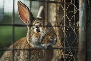 Rescued rabbit exploring new tunnel system in its enclosure ears alert and whiskers twitching with curiosity background photo