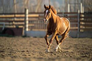 Rescued horse trotting gracefully in round pen muscles toned from rehabilitation exercises embodying strength and resilience background photo