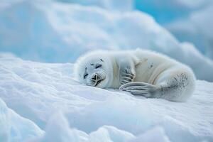 Harp seal pup resting on smooth ice floe its fluffy white coat contrasting with the blue hues of the Arctic ice photo