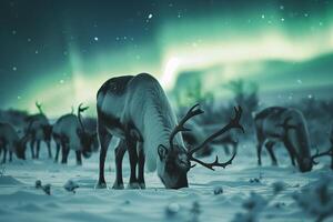 Reindeer herd grazing peacefully under the  glow of the AurorBorealis in snowy Arctic landscape background photo