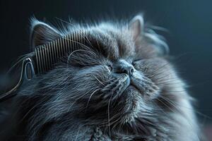 Persian cat being delicately groomed with silver comb its fur gleaming under  studio lights capturing the cats regal profile background photo