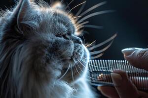 Persian cat being delicately groomed with silver comb its fur gleaming under  studio lights capturing the cats regal profile background photo