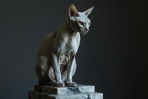 Contemplative Sphinx cat sitting regally on marble pedestal eyes ed with an air of mystery background photo