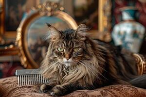Maine Coon cat getting its fur brushed out with silver comb sitting on velvet cushion in an elegant grooming salon adorned with classical art background photo