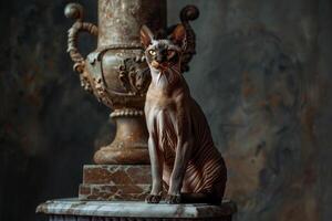 Contemplative Sphinx cat sitting regally on marble pedestal eyes ed with an air of mystery background photo