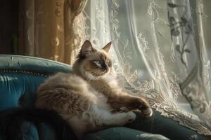 Ragdoll cat lounging on plush velvet sofa bathed in the warm glow of afternoon sunlight streaming through lace curtains photo