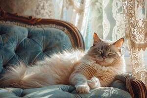 Ragdoll cat lounging on plush velvet sofa bathed in the warm glow of afternoon sunlight streaming through lace curtains photo