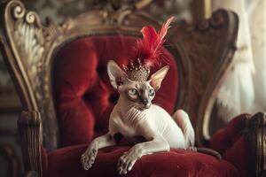 Regal Sphinx Cat Sitting Elegantly on Velvet Throne with Crown of Feathers Resting on Its Head photo