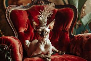 Regal Sphinx Cat Sitting Elegantly on Velvet Throne with Crown of Feathers Resting on Its Head photo
