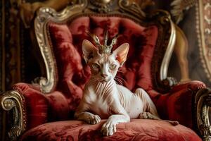 Regal Sphinx Cat Sitting Elegantly on Velvet Throne with Crown of Feathers Resting on Its Head photo