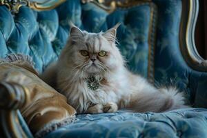 Regal Persian Cat Sitting Gracefully on Velvet Cushion Adorned with Jeweled Collar in Luxurious Indoor Setting photo