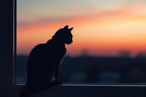 agraciado siamés gato encaramado esmeradamente en ventana umbral silueta en contra puesta de sol cielo con brisa fruncir el ceño sus piel antecedentes foto
