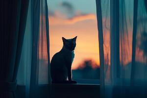 Graceful Siamese Cat Perched Elegantly on Window Sill Silhouette Against Sunset Sky with  Breeze Ruffling Its Fur Background photo