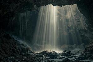Conceptual nature background Waterfall Cascading into Hidden Cave Illuminated by Shafts of Sunlight photo