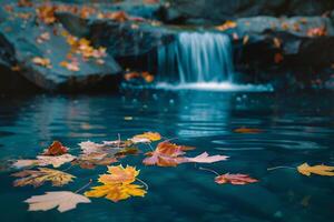 Conceptual nature background Thoughtful Contemplative  of Waterfall with Colorful Autumn Leaves Floating on the Surface of Pool photo