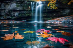 Conceptual nature background Thoughtful Contemplative  of Waterfall with Colorful Autumn Leaves Floating on the Surface of Pool photo