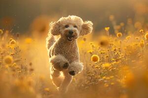 Dog Background Carefree Poodle Running Joyfully Through Field of Wildflowers Fluffy Fur Catching the Sunlight in Burst of Golden Hues photo