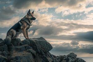 Majestic German Shepherd Posing Against Rocky Cliff Background with WindRuffled Fur and Dramatic Sky photo