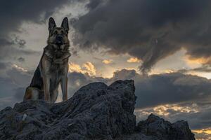 Majestic German Shepherd Posing Against Rocky Cliff Background with WindRuffled Fur and Dramatic Sky photo