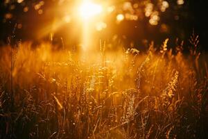 Dreamy Sunlight Filtering Through Field of Tall Grass Creating Golden Glow photo