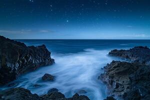 Long Exposure Ethereal Waves Crashing Against Ancient Weathered Rocks Under Starry Night Sky nature background photo