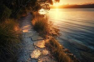 Seascape Sunlight Creating Golden Path on the Calm Surface of Secluded Bay nature background photo