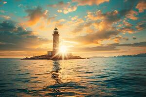 Seascape Lighthouse Bathed in Golden Sunlight Against  of Calm Azure Waters nature background photo