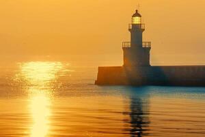 Seascape Lighthouse Bathed in Golden Sunlight Against  of Calm Azure Waters nature background photo