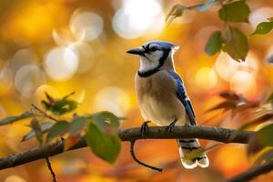 Sunlight Filtering Through Autumn Leaves Around Blue Jay with nature background photo