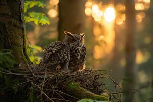 Sunlight Filtering Through Branches Around Nesting Pair of Owls with nature background photo