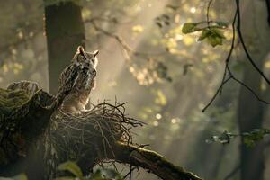 Sunlight Filtering Through Branches Around Nesting Pair of Owls with nature background photo